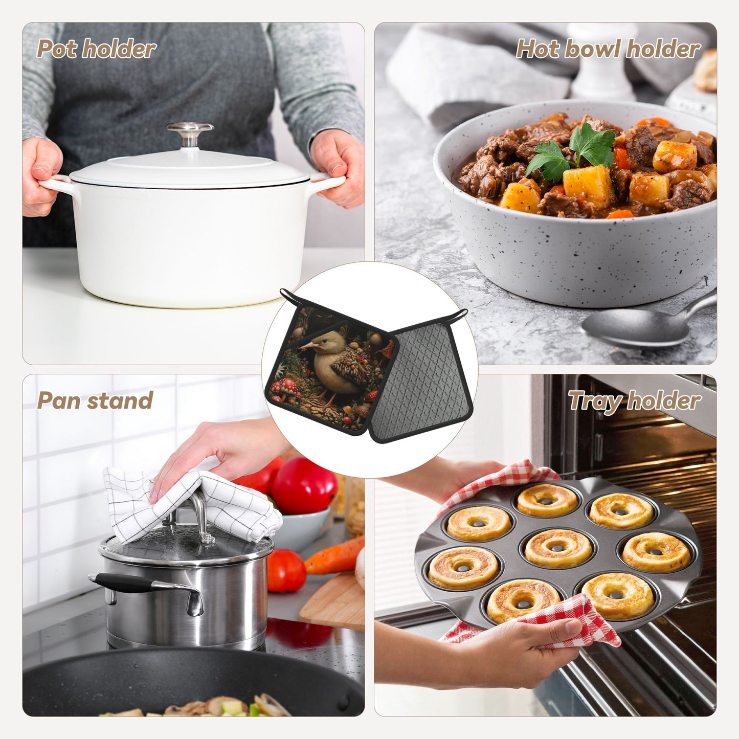 Square Silicone Heat-Resistant Mat with Forest Bird Design – 7.1"x7.1" Non-Slip Insulated Pad for Kitchen & Dining Use