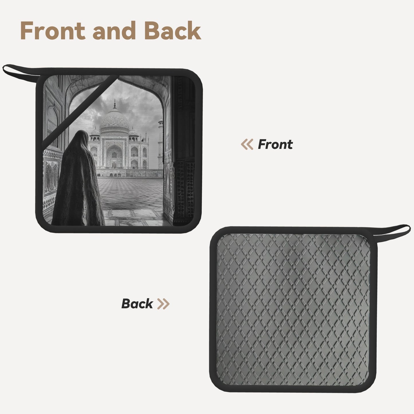 Black & White Taj Mahal Heat-Resistant Pot Holder – 7.1"x7.1" Square Hanging Kitchen Mat with Insulated Lining
