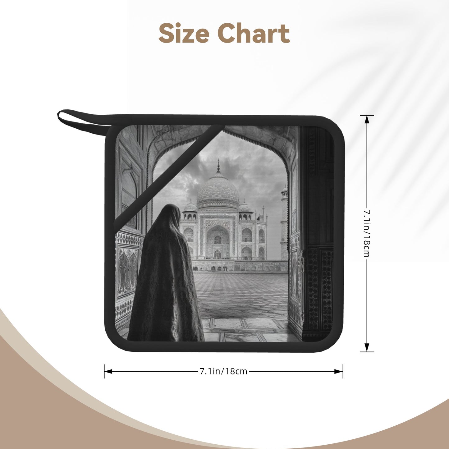 Black & White Taj Mahal Heat-Resistant Pot Holder – 7.1"x7.1" Square Hanging Kitchen Mat with Insulated Lining