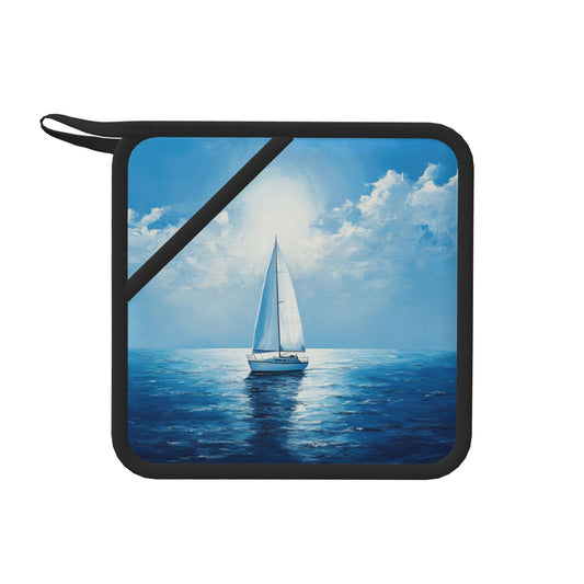 Sailboat Ocean Theme Heat-Resistant Pot Holder – 7.1"x7.1" Square Hanging Silicone Pad for Kitchen