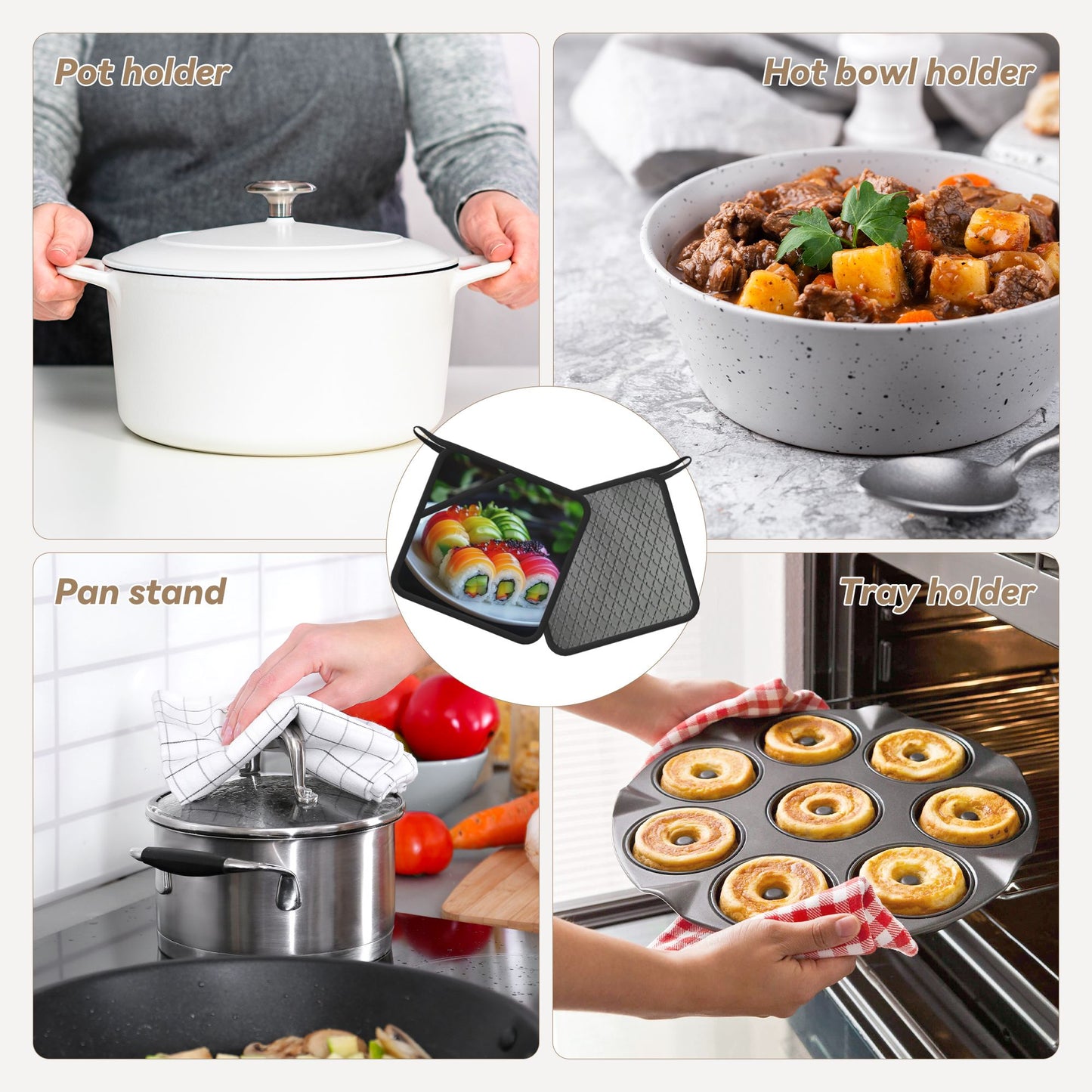 Sushi Print Heat-Resistant Pot Holder – 7.1"x7.1" Square Kitchen Trivet with Hanging Loop